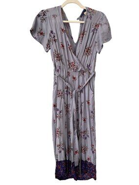 Blue Rain Jumpsuit Size XS Floral Faux Wrap Tie Waist Short Sleeve Blue Bohemian